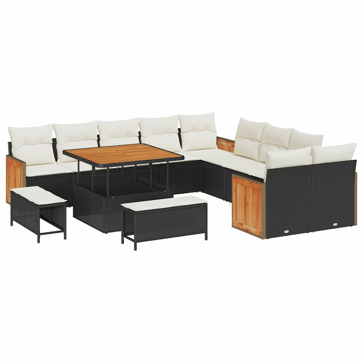 Set di divani componibili da esterno con vimini nero e inserti in legno. Include un tavolo e due panche. Cuscini bianchi per sedersi.