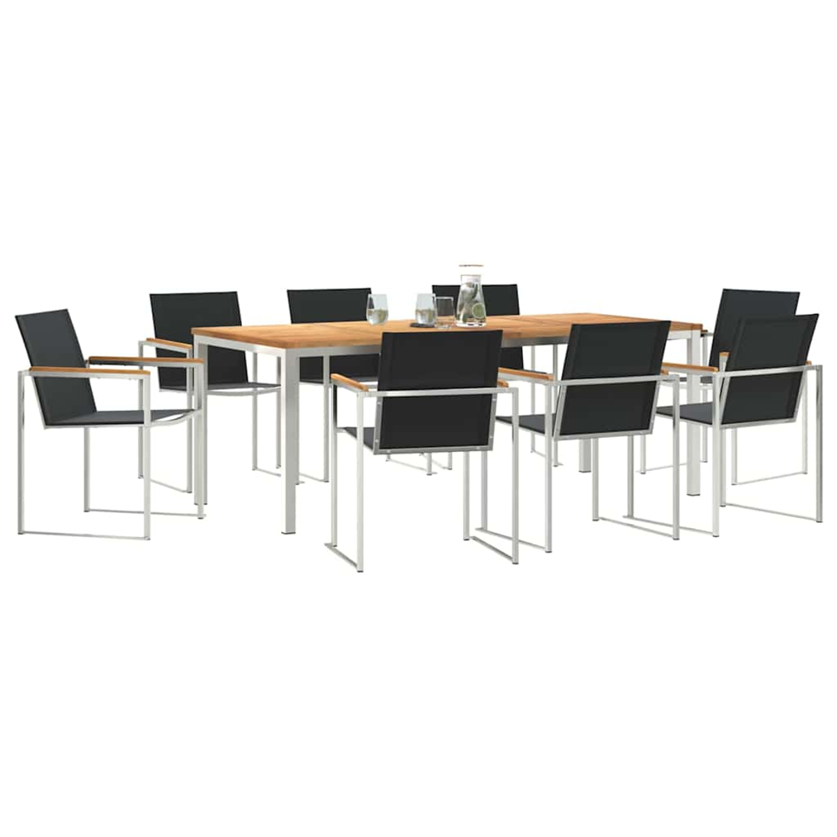 Una mesa de madera con ocho sillas negras. Una jarra de vidrio y vasos están sobre la mesa. El fondo es blanco.