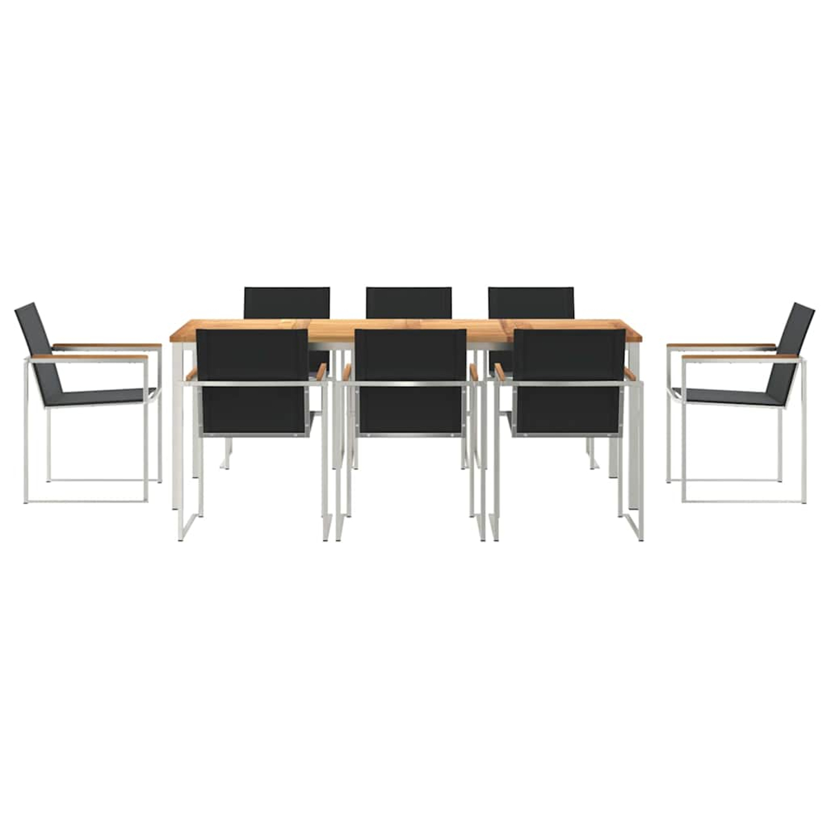 Una mesa rectangular de madera con sillas negras alrededor. Las sillas tienen marcos blancos. Dos sillas están a los lados.