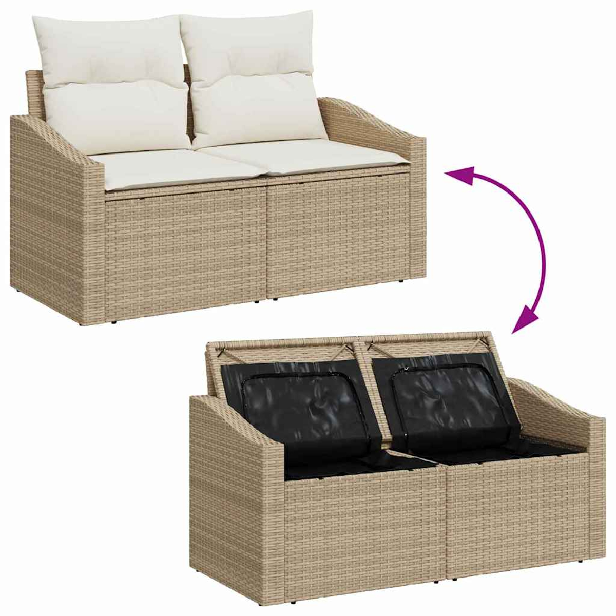Zweisitziges Rattan-Sofa. Oben: beige Kissen. Unten: offener Stauraum mit schwarzem Stoff. Lila Pfeil zeigt den offenen Zustand an.