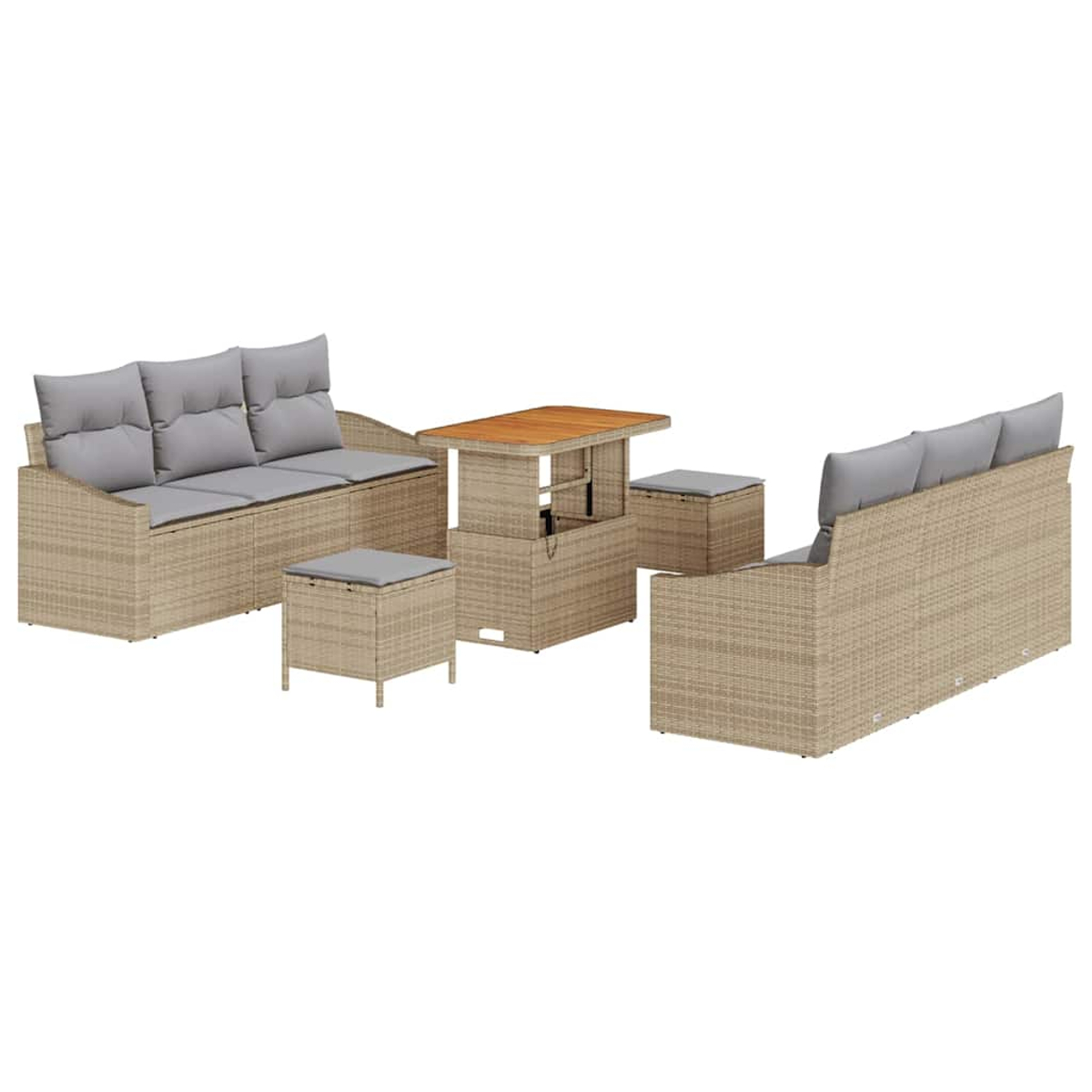 Set di mobili da esterno: due divani, un tavolo e due pouf. Vimini beige con cuscini grigi. Il tavolo ha un piano in legno.