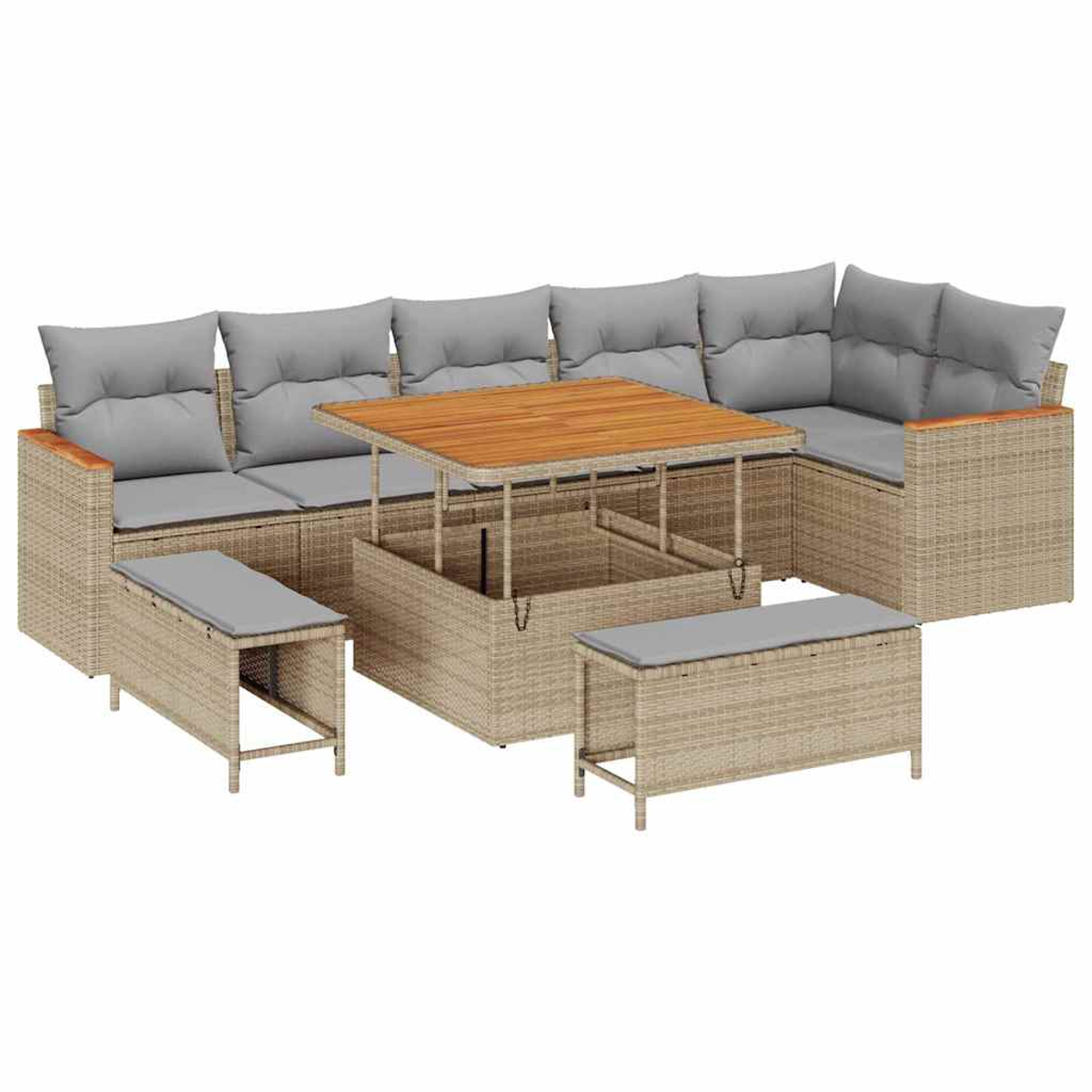 Divano angolare da esterno in vimini con cuscini grigi, tavolo in legno e due panche. Vimini beige con cuscini grigi.