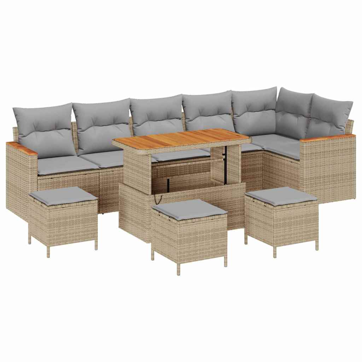 Set di mobili da esterno in vimini con divano angolare, tavolino e pouf. Cuscini grigi sui sedili. Piano del tavolo in legno. Vimini beige.