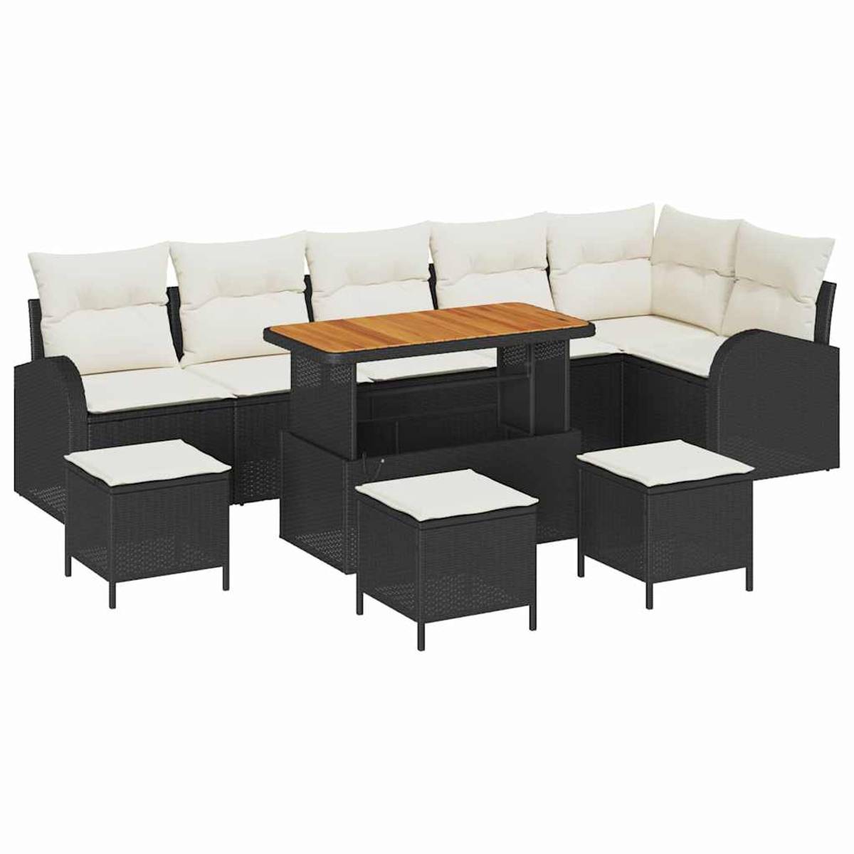 Set di mobili da esterno in vimini: divano angolare con cuscini, un tavolo e piccoli sgabelli. Vimini nero con cuscini color crema e piano del tavolo in legno.