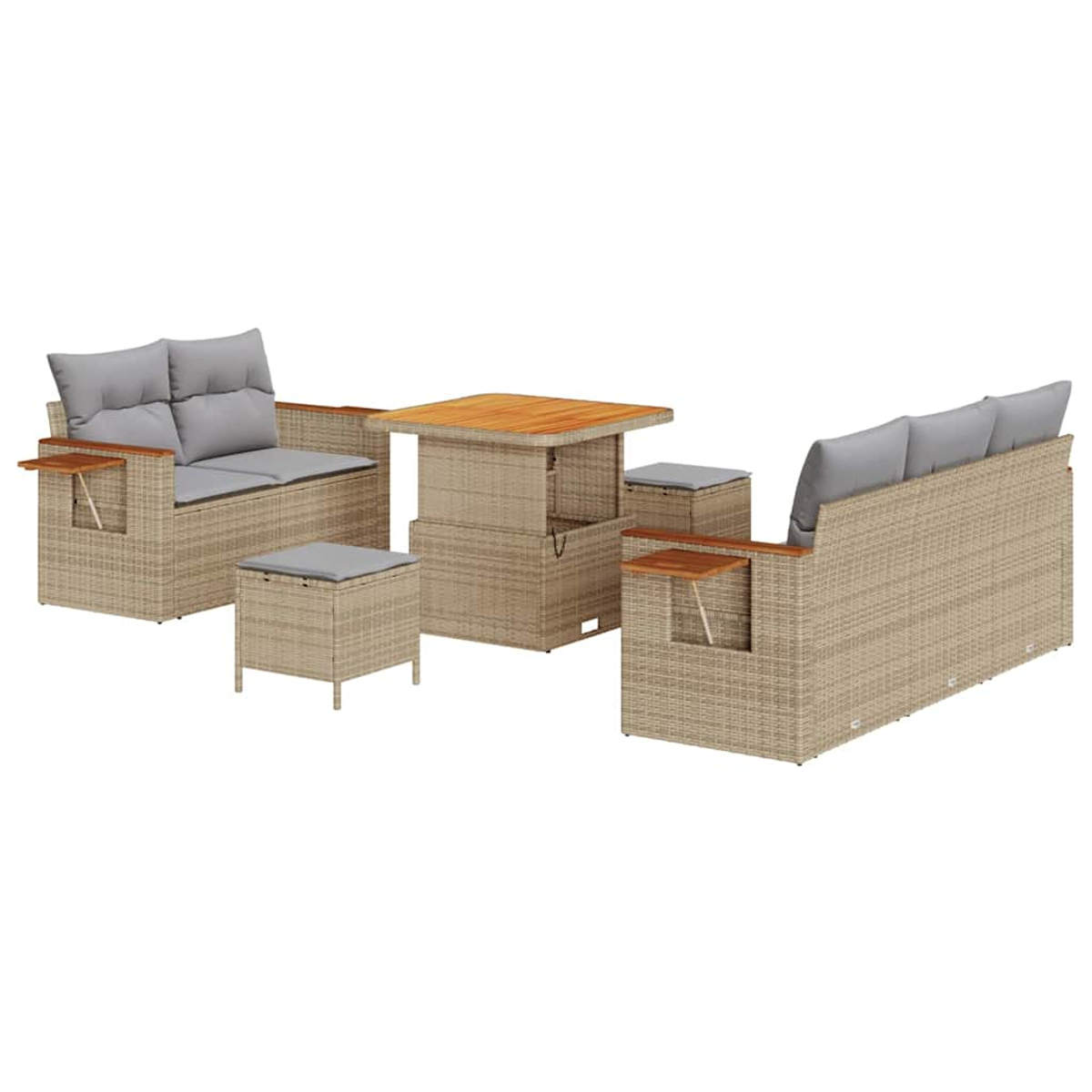 Set di mobili da esterno in vimini: due divani, un tavolo e due pouf. Cuscini grigi, piano del tavolo in legno e vimini marrone chiaro.