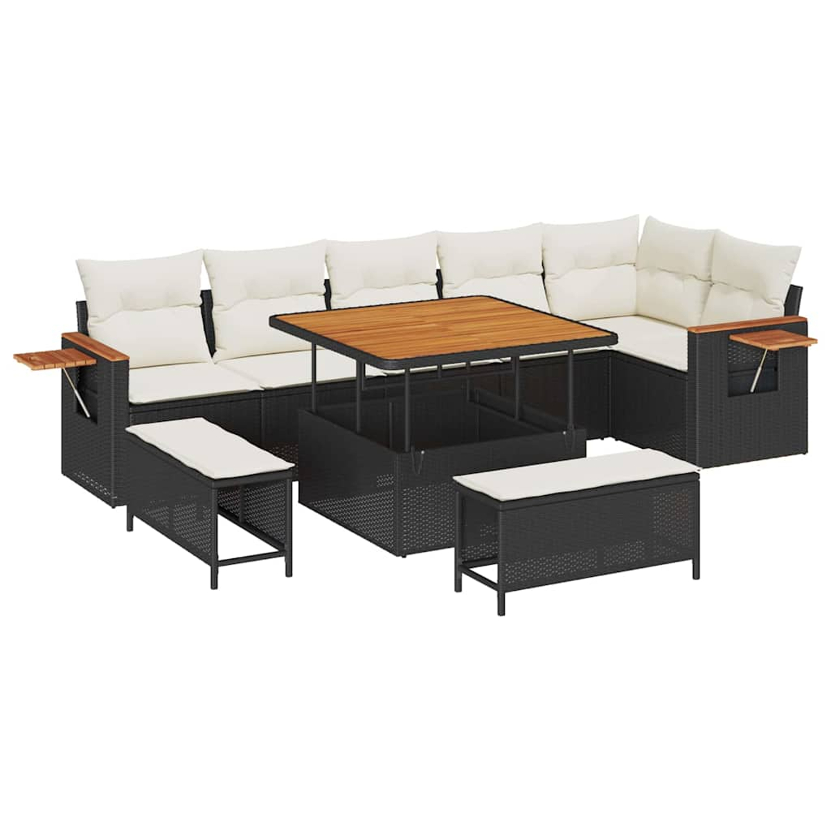 Un set di mobili da esterno in rattan nero con cuscini bianchi. Include un divano angolare, un tavolo e due panche.