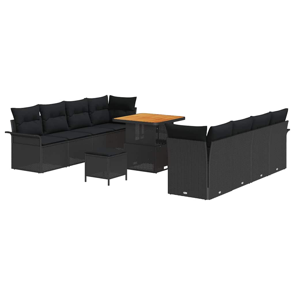 Set di mobili da esterno. Sedute nere in stile vimini con cuscini neri. Include un tavolino con piano in legno e un pouf abbinato.