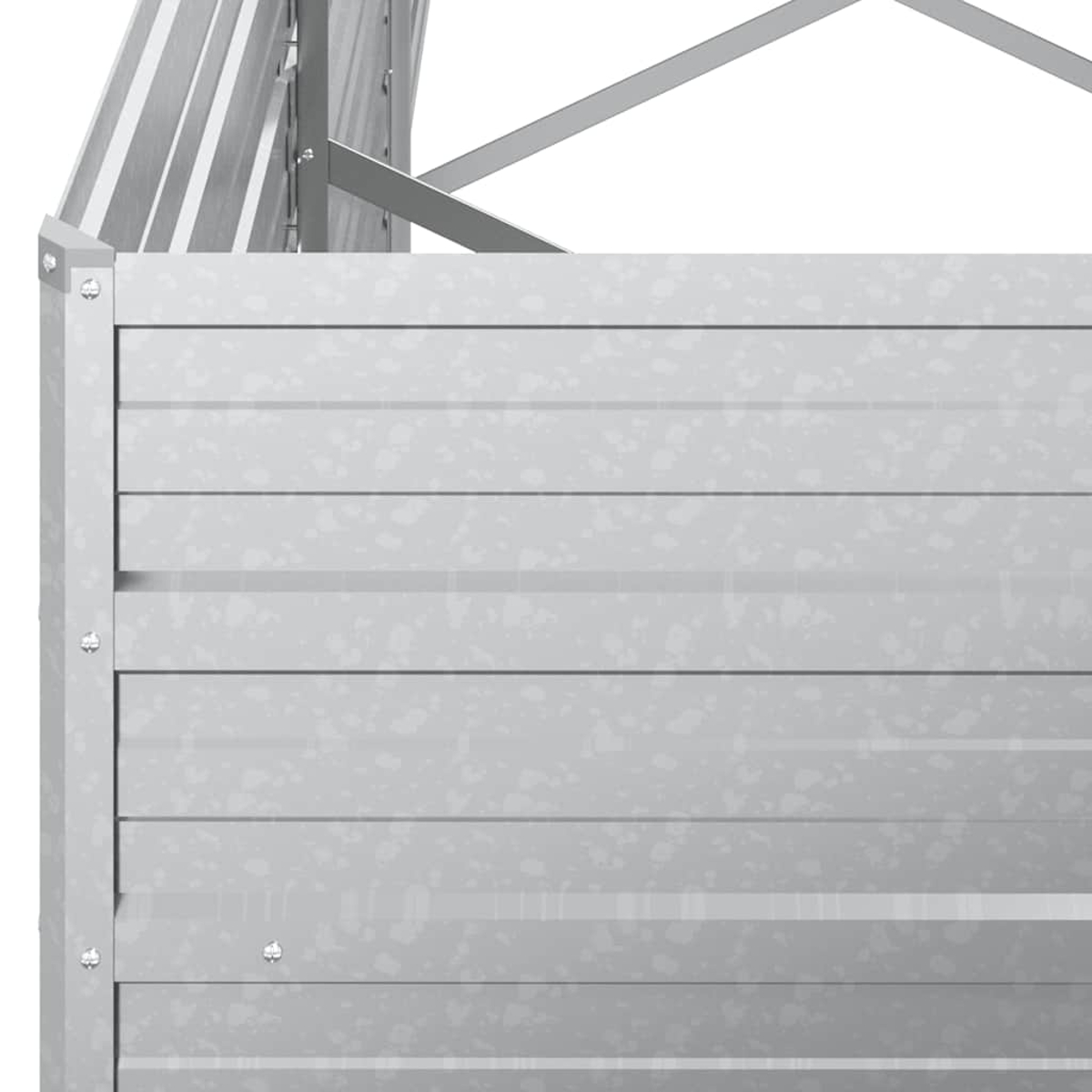 Nahaufnahme einer Metallkonstruktion. Horizontale Paneele bilden den Hauptkörper, mit einem Lattenrost und einem Stützrahmen.