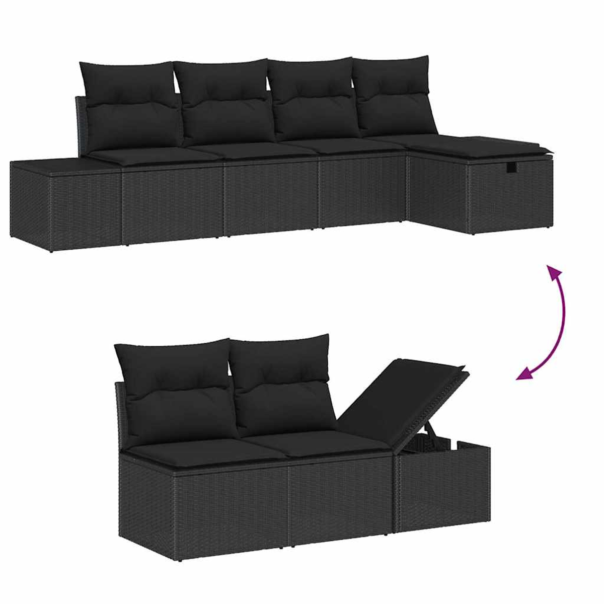 Juego de sofás de ratán negro que se muestra en dos configuraciones. Uno es un sofá grande, el otro un sofá más pequeño con almacenamiento abierto.