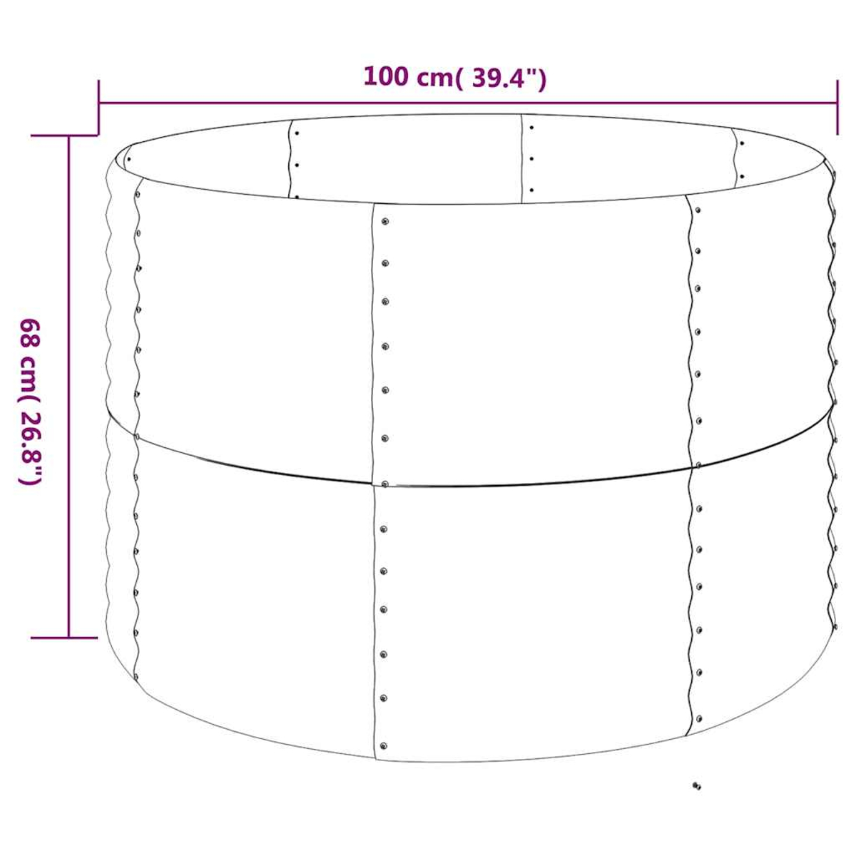 Eine zylindrische Struktur mit den Maßen: 100 cm Breite und 68 cm Höhe. Metallaussehen, mit Nieten und einer horizontalen Trennlinie.