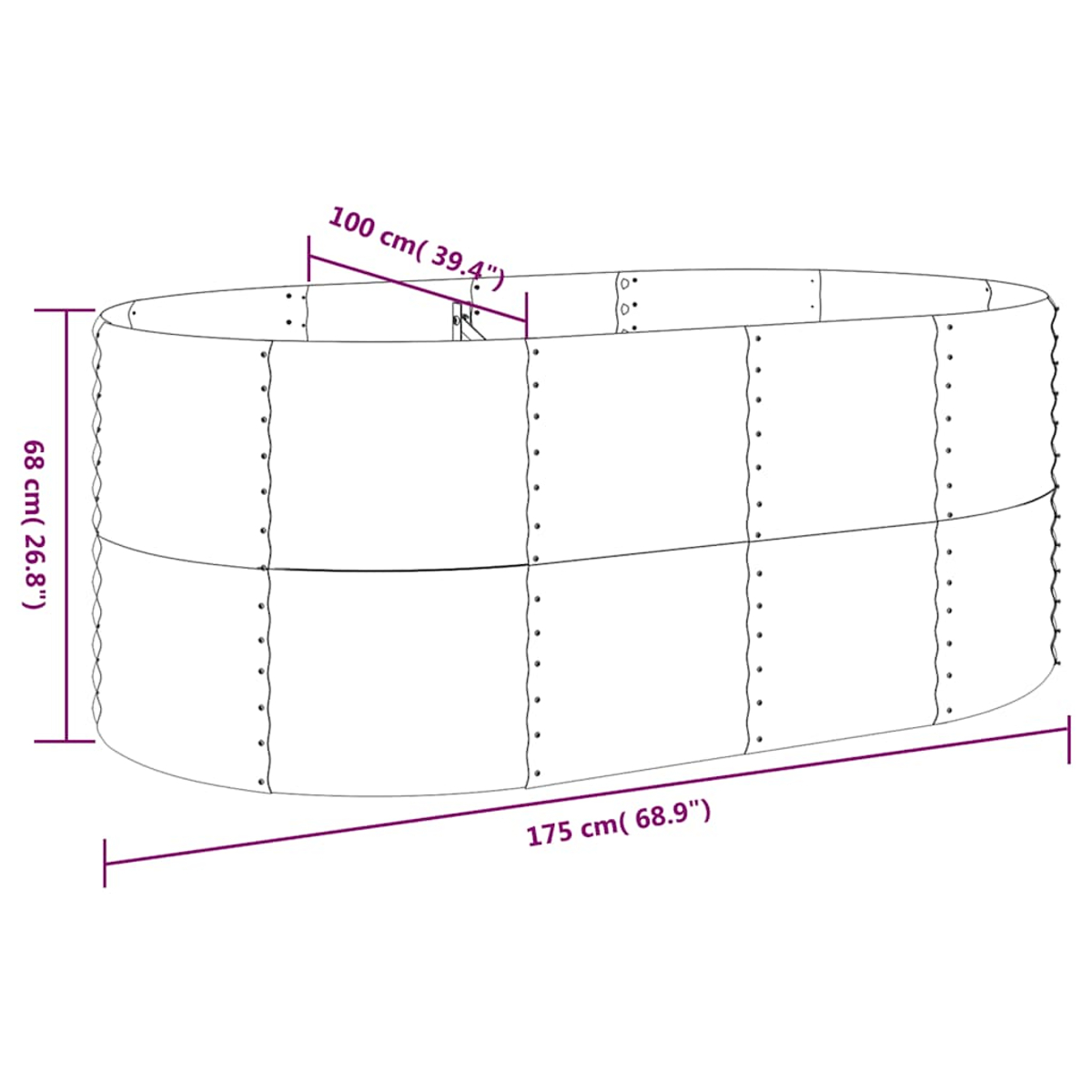 Ein ovaler Metallpflanzkübel mit Maßangaben. Die Höhe beträgt 68 cm, die Breite 100 cm und die Länge 175 cm.