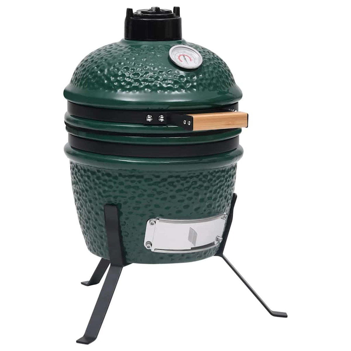 Una griglia verde a forma di uovo in ceramica con termometro, manico in legno e supporto in metallo, isolata su bianco.
