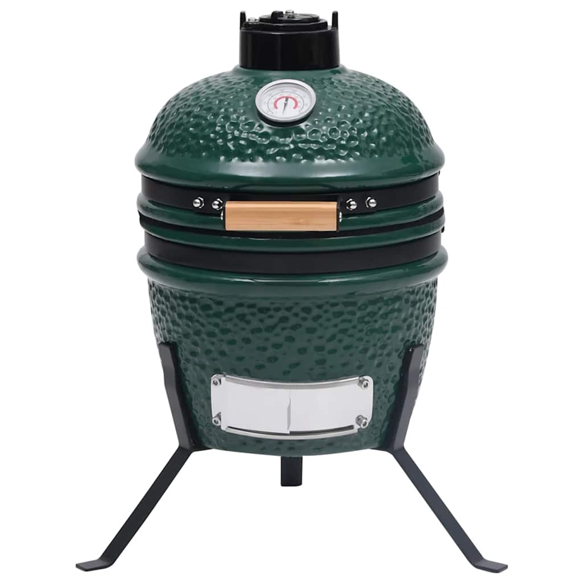 Un grill in ceramica verde con coperchio e base neri, un termometro e una maniglia in legno. Ha tre gambe nere.
