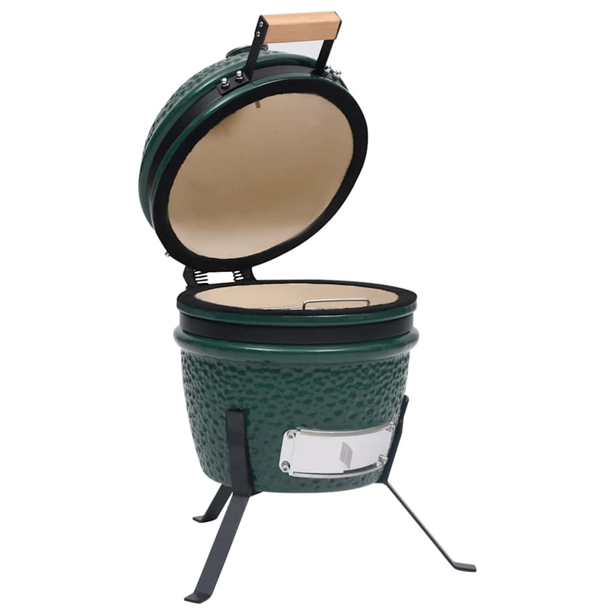 Una griglia in ceramica verde con coperchio aperto. Ha una maniglia in legno e si trova su un supporto nero. L'interno è beige.