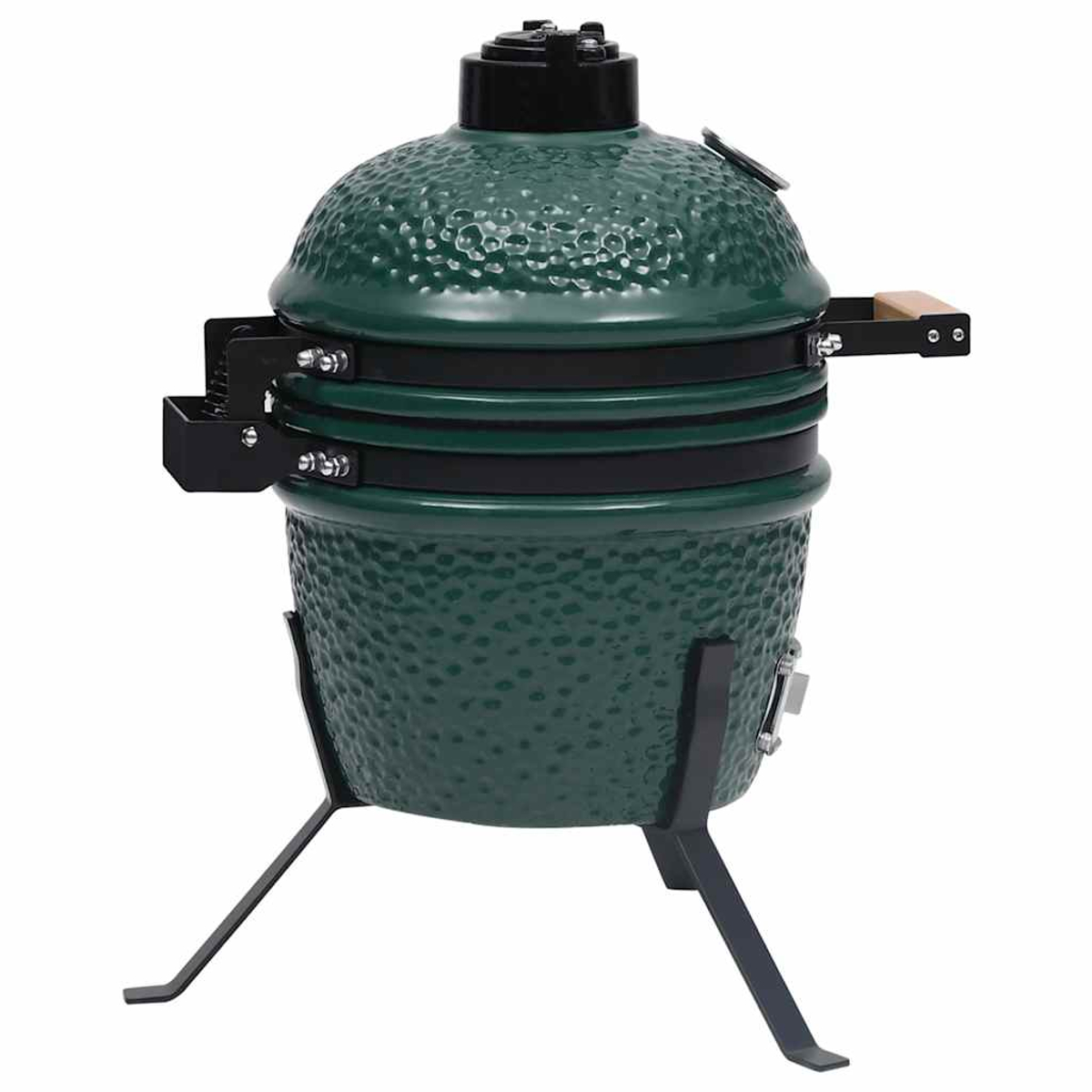 Una griglia in ceramica verde, a forma di uovo, con fasce e gambe nere. Ha uno sfiato superiore e un manico in legno.