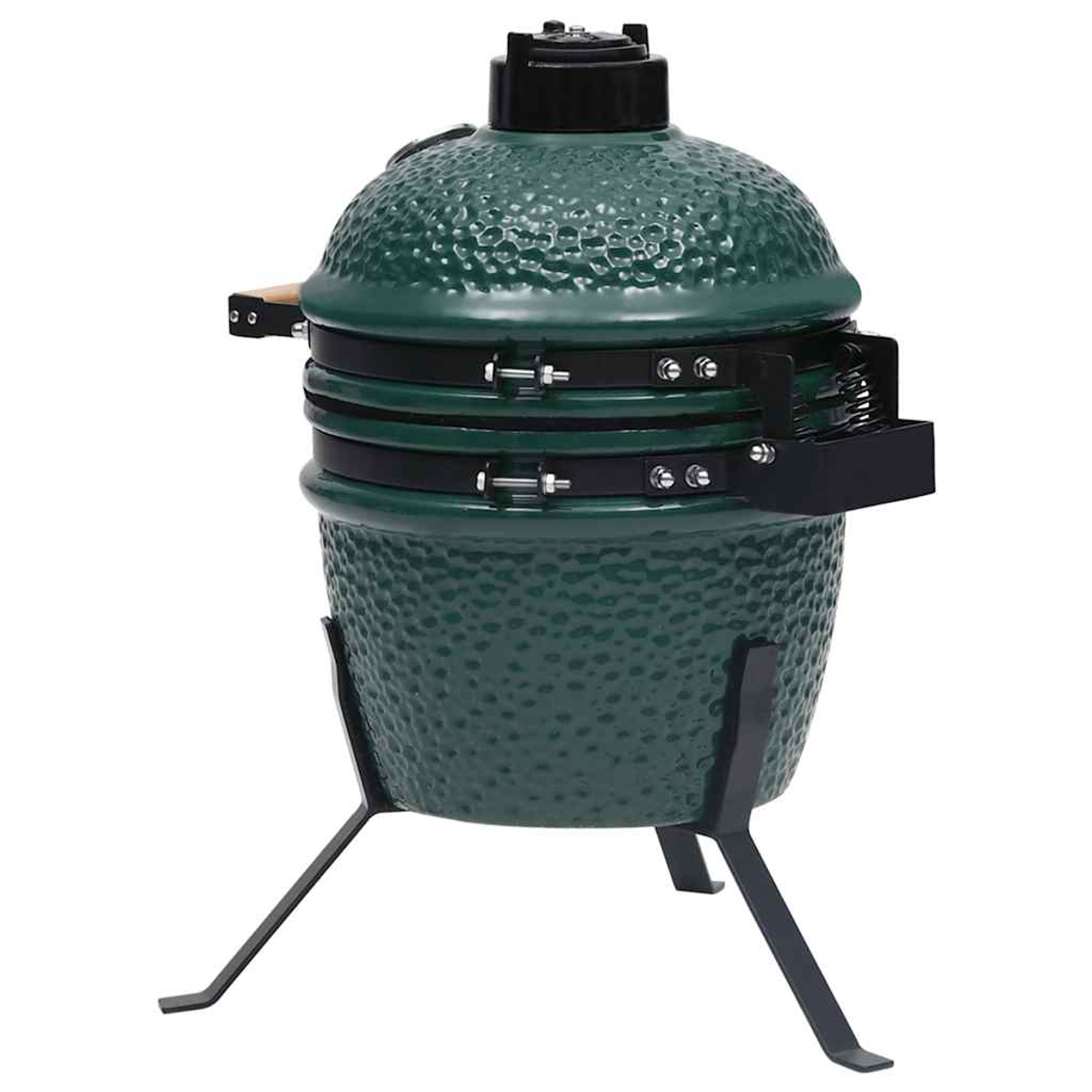 Una griglia verde in ceramica a forma di uovo con un supporto nero. Ha un coperchio nero e due fasce nere con chiusure metalliche.