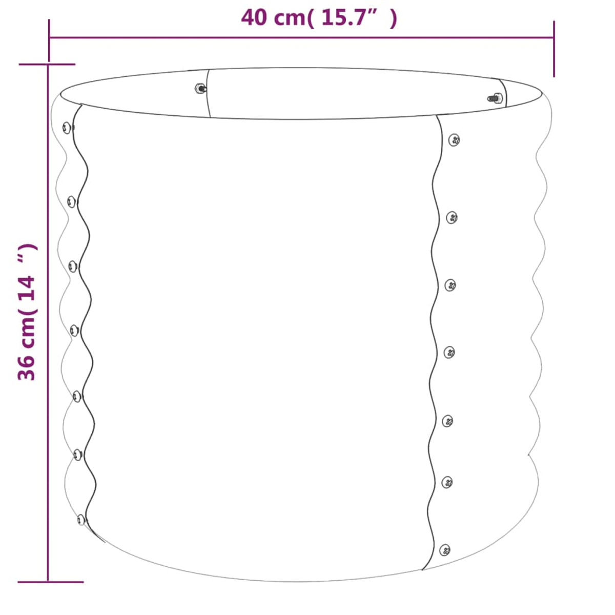 Ein zylindrisches Objekt mit den Maßen 40 cm und 36 cm. Es hat Nieten und ein wellenförmiges Kantendesign.