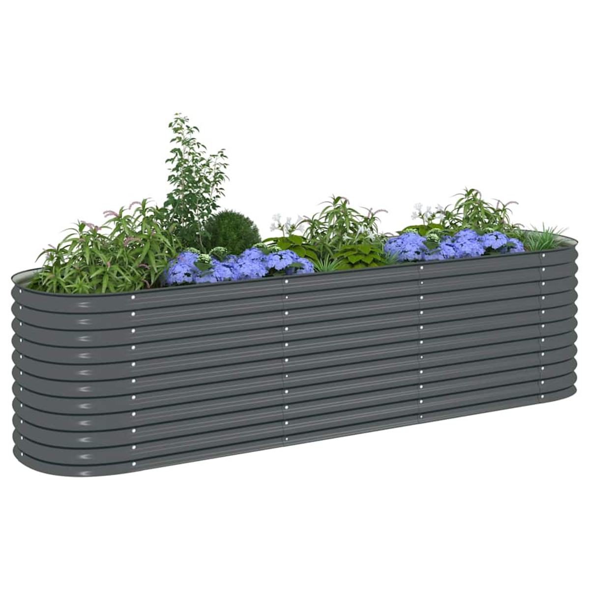 Ein rechteckiges, graues Hochbeet aus Metall, gefüllt mit verschiedenen Pflanzen, darunter lila und weiße Blumen, vor weißem Hintergrund.