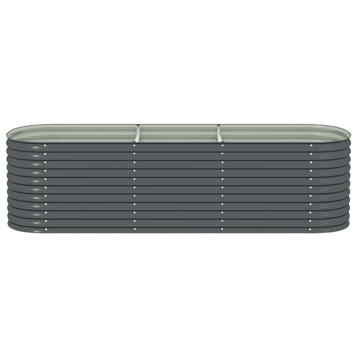 Ein rechteckiges, graues Hochbeet. Es hat mehrere horizontale Schichten mit Metallhalterungen oben. Weißer Hintergrund.