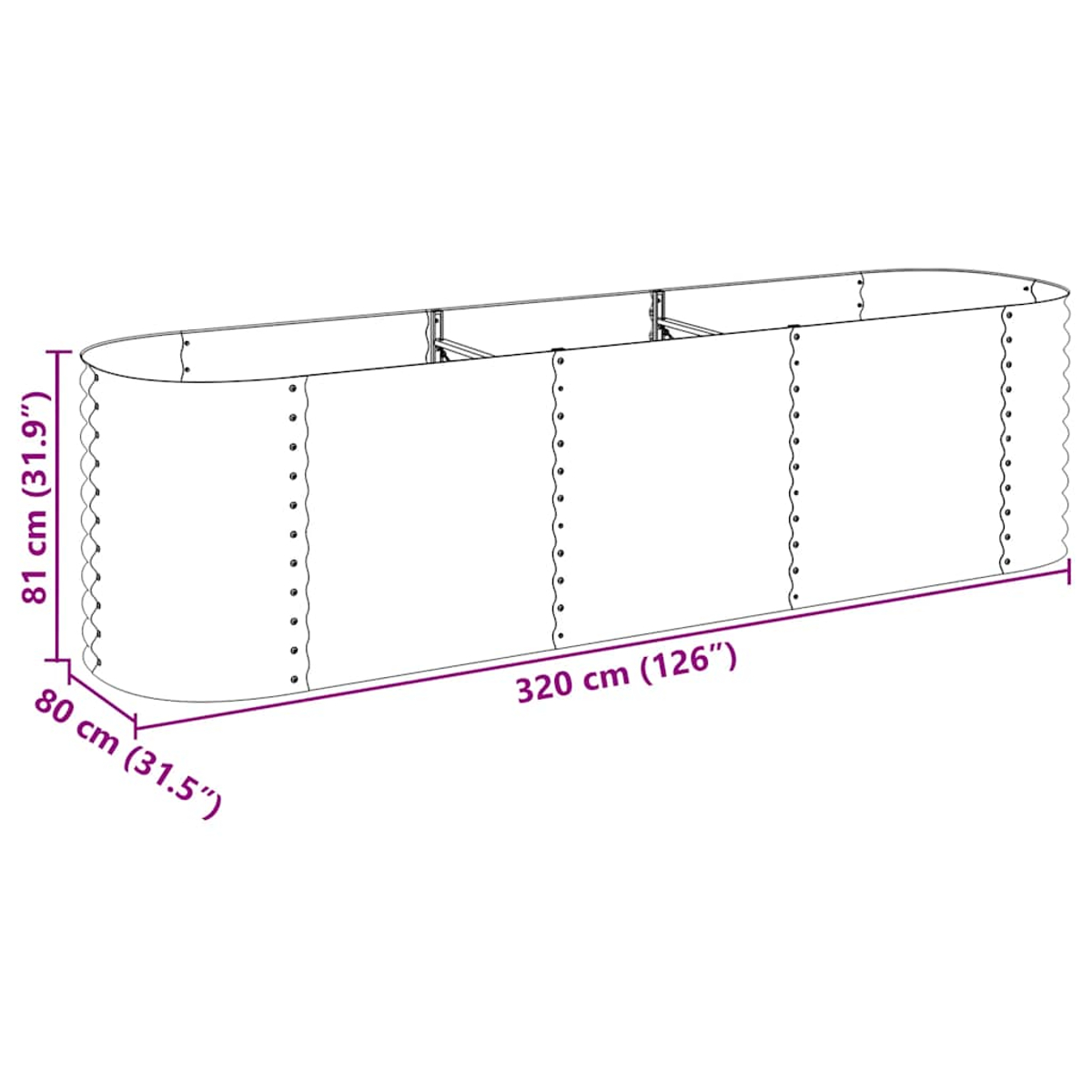 Ein Metall-Gartenbeet mit Maßangaben: 320 cm lang, 80 cm breit und 81 cm hoch. Nieten und Halterungen sind sichtbar.