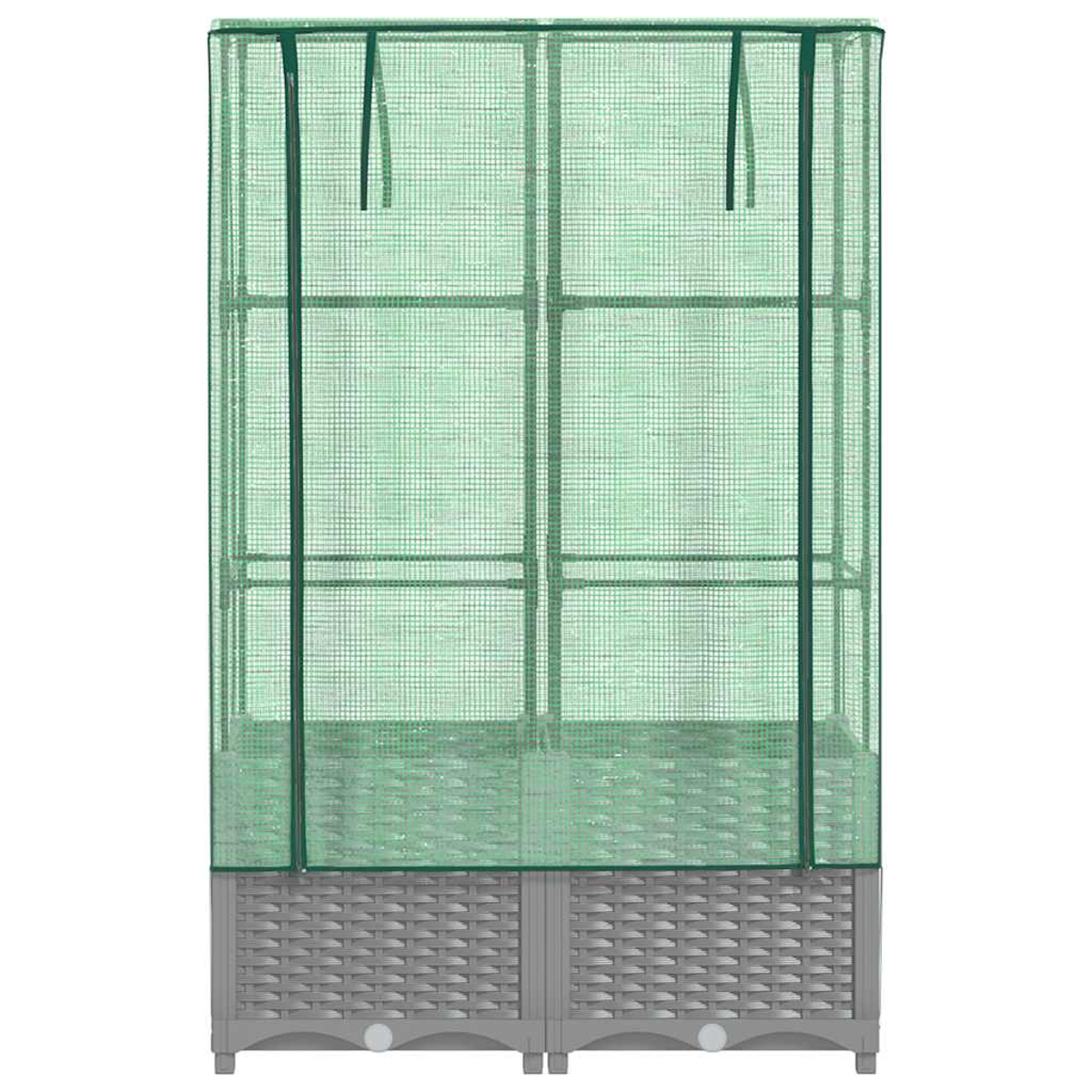 Una serra verde con base grigia intrecciata. La struttura è rettangolare, con una copertura a rete verde e una base grigia con porte.