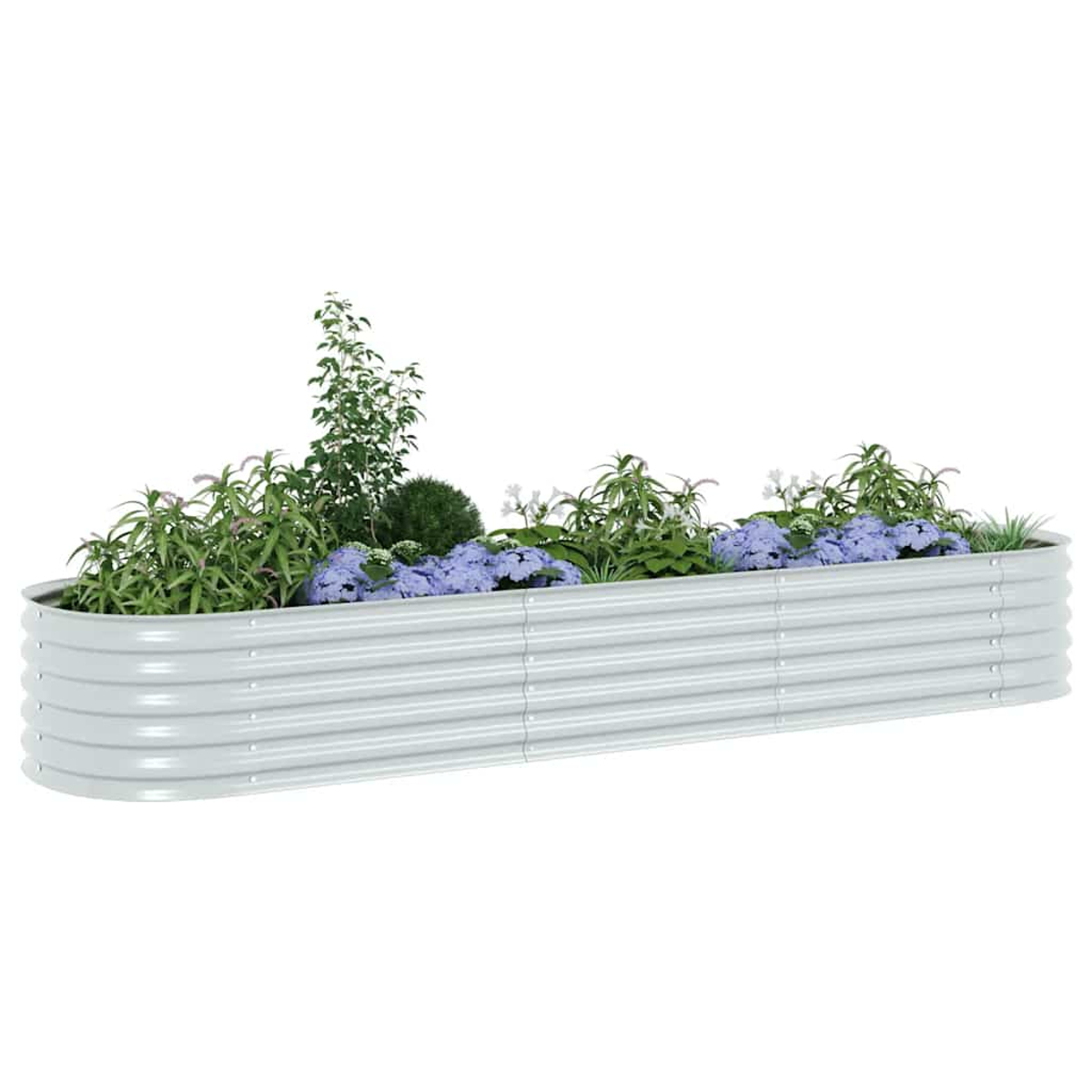 Ein langes, silbernes Hochbeet mit verschiedenen Pflanzen und Blumen, darunter lila Hortensien und grünes Laub.