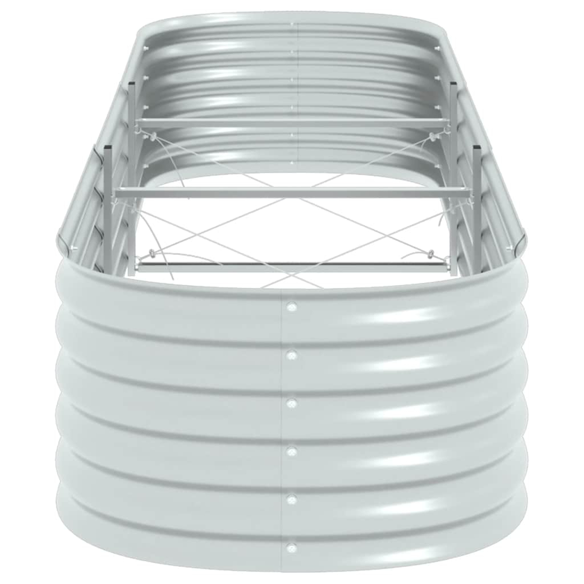 Ein silbernes, rechteckiges Hochbeet. Es hat ein gewelltes Metalldesign mit horizontalen Rippen und tragenden Metallstangen.