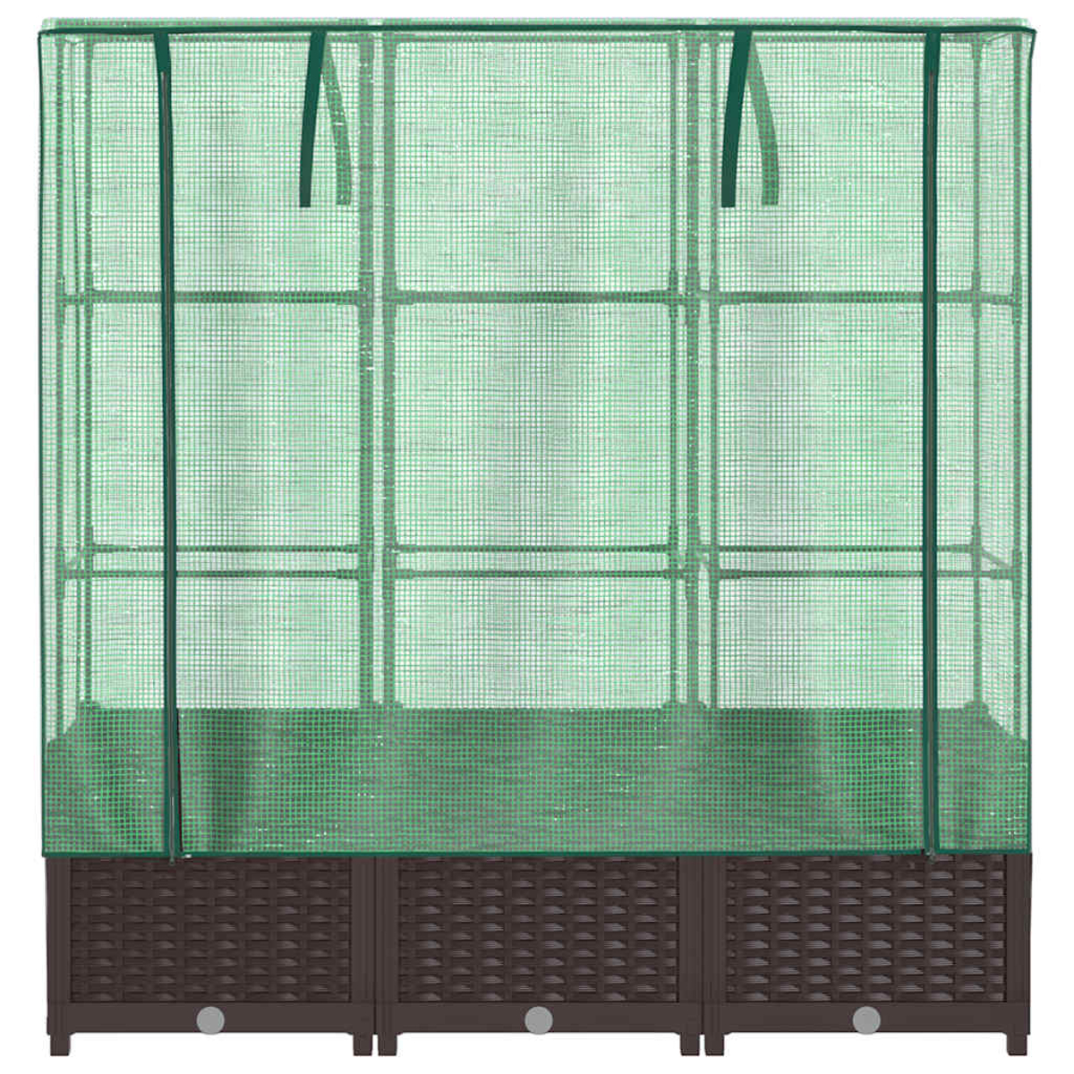 Una serra portatile verde con base marrone. La struttura è in rete verde e ha forma rettangolare.