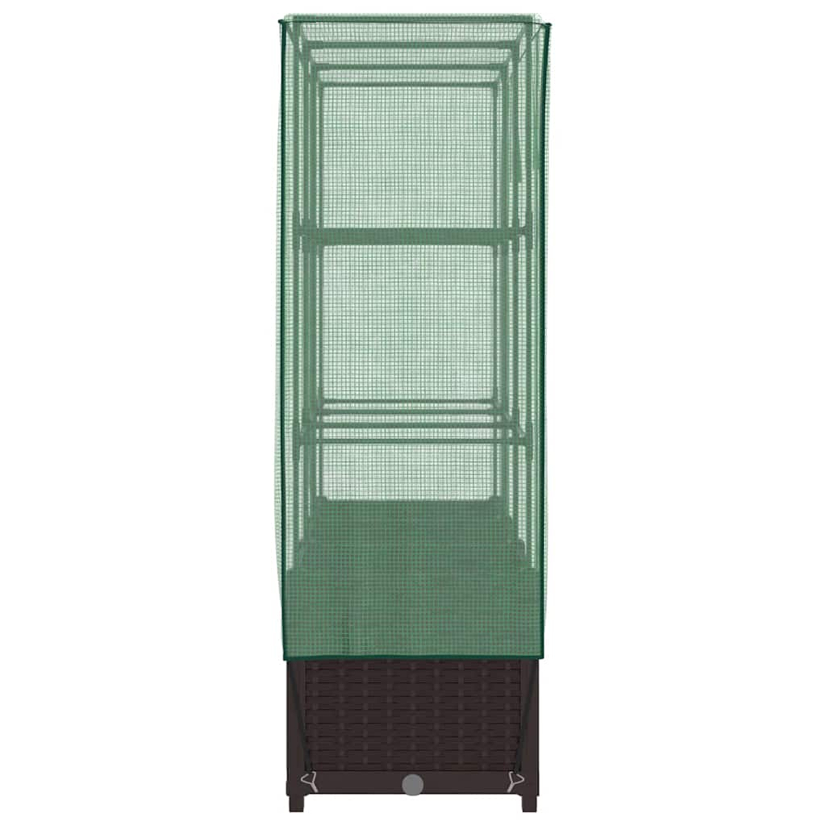 Una serra alta e stretta con una copertura a rete verde su una base marrone scuro. La struttura ha diversi ripiani.
