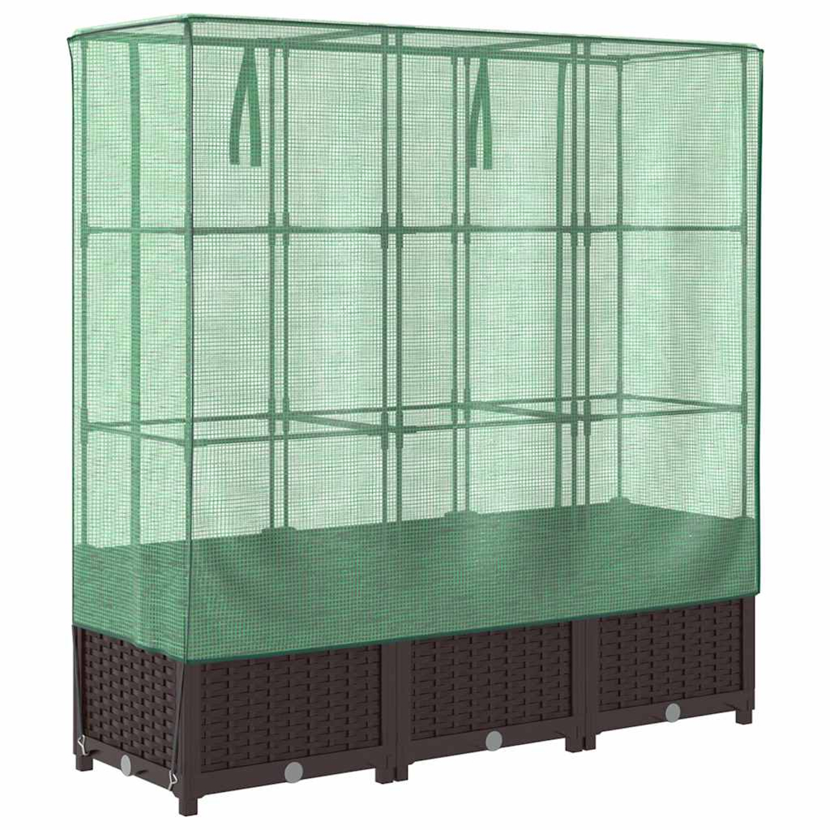 Una serra verde con base marrone intrecciata. La struttura ha ripiani. Una rete verde copre il telaio.