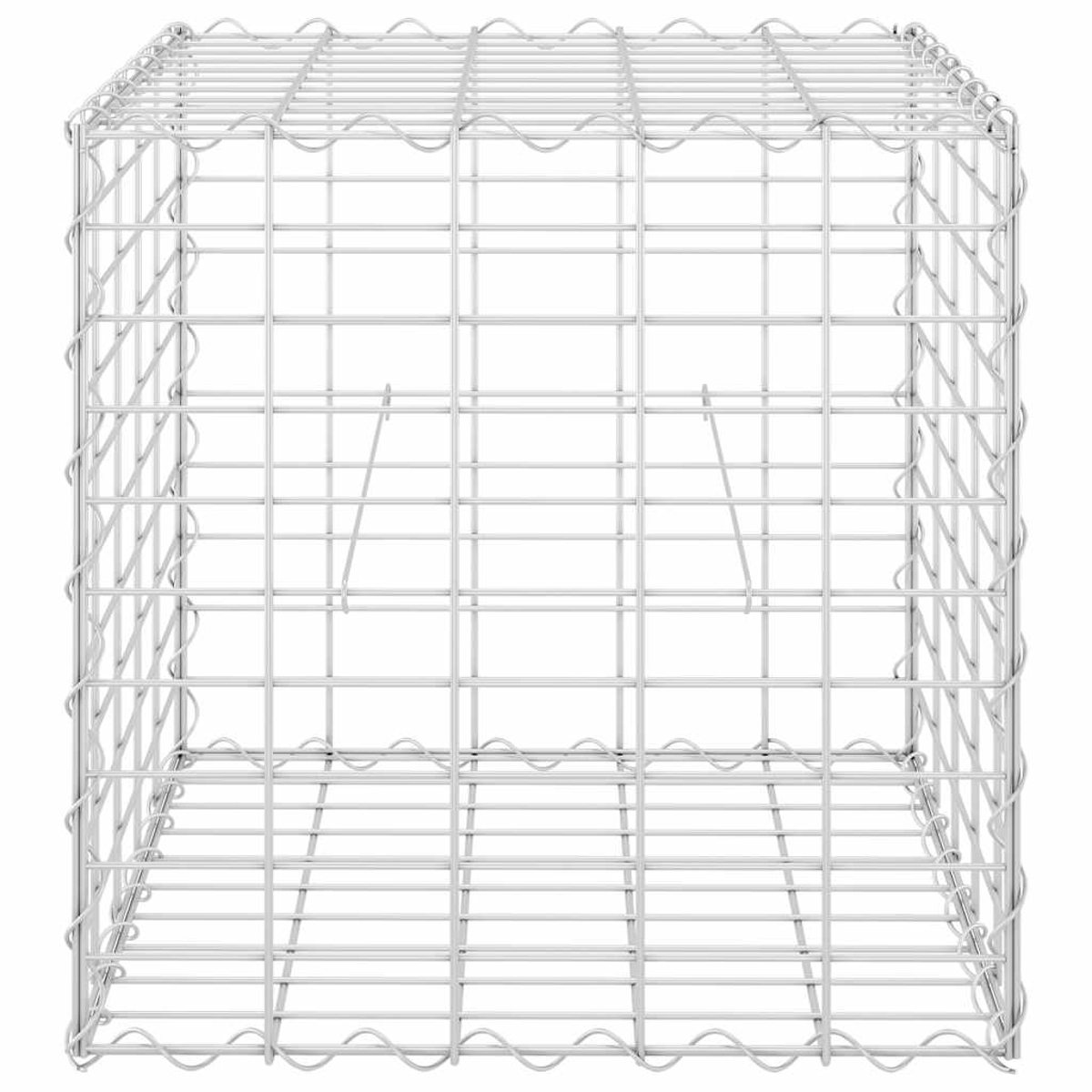 Ein quadratischer, offener Drahtrahmenkäfig, wahrscheinlich für den Bau oder die Gartenarbeit, aus hellem Metall, vor weißem Hintergrund.