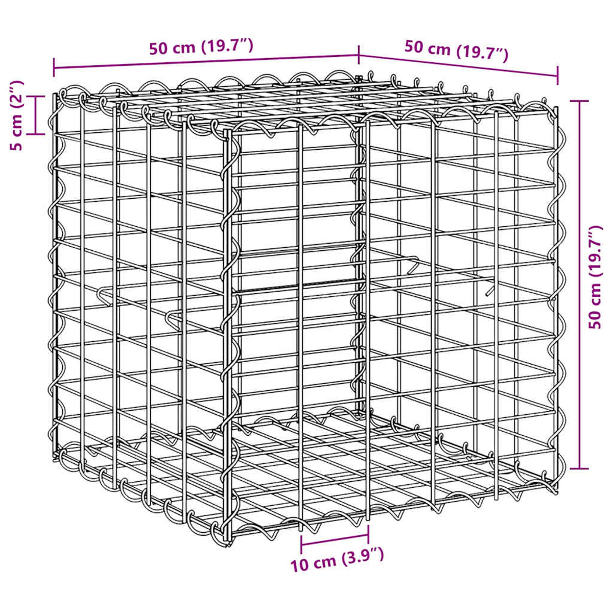 Ein Drahtwürfel, die Abmessungen sind beschriftet. Der Würfel hat eine Öffnung. Maße sind 50 cm, 10 cm und 5 cm.