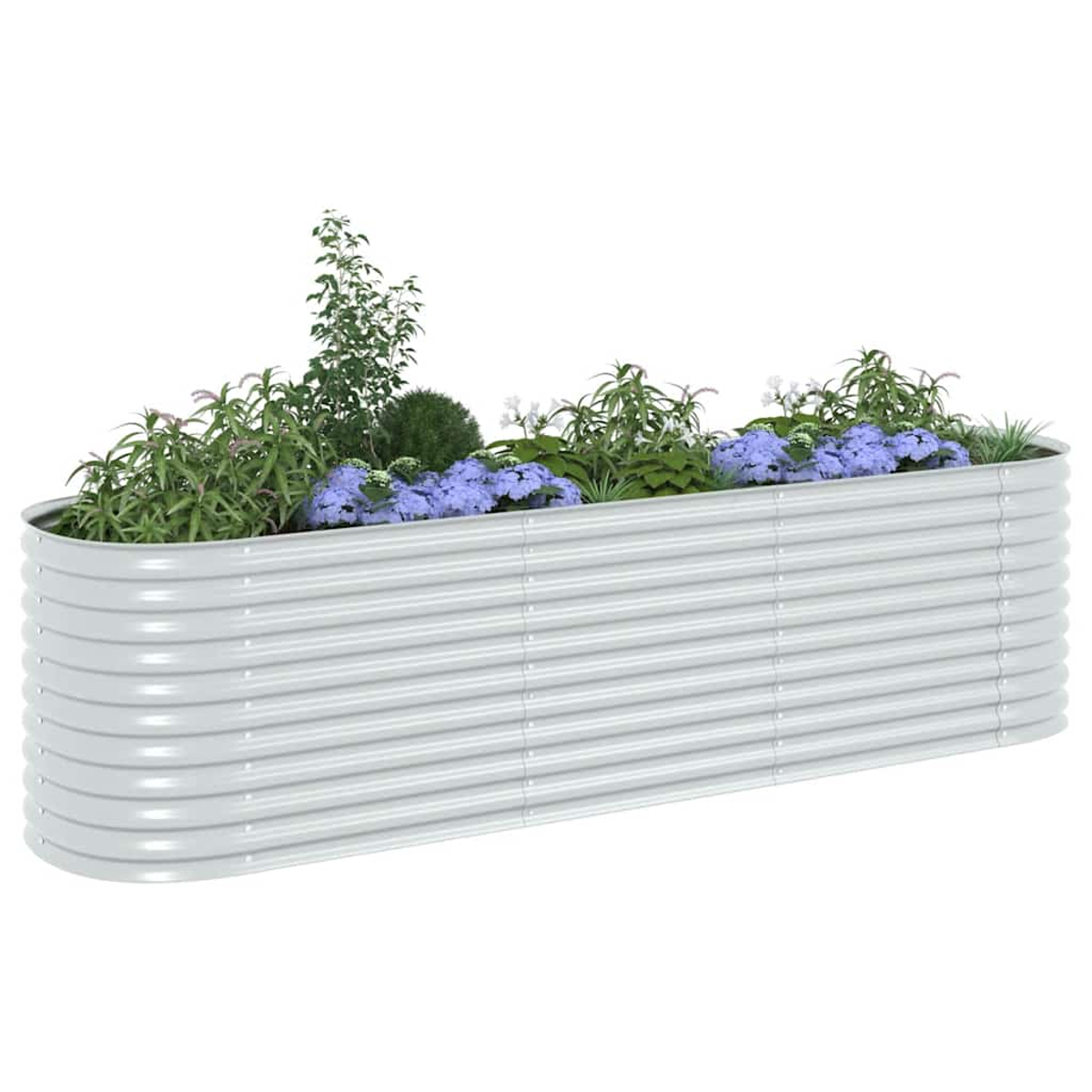 Ein rechteckiger Metallpflanzkübel, gefüllt mit verschiedenen Pflanzen und blauen Blumen. Der Pflanzkübel ist silbern, vor weißem Hintergrund.