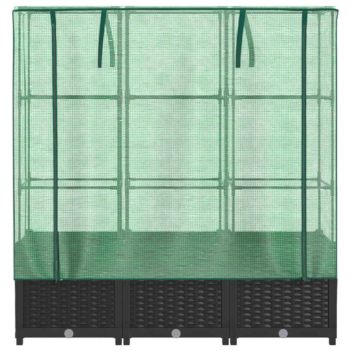 Una serra a rete verde con base nera. Il telaio è in metallo. Ha tre sezioni e la copertura è in materiale a rete.