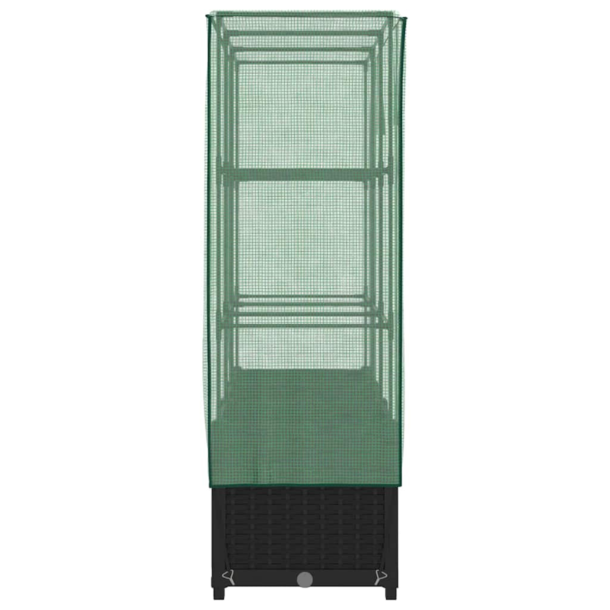 Una serra verde verticale con base nera. La serra ha ripiani all'interno. È su sfondo bianco.