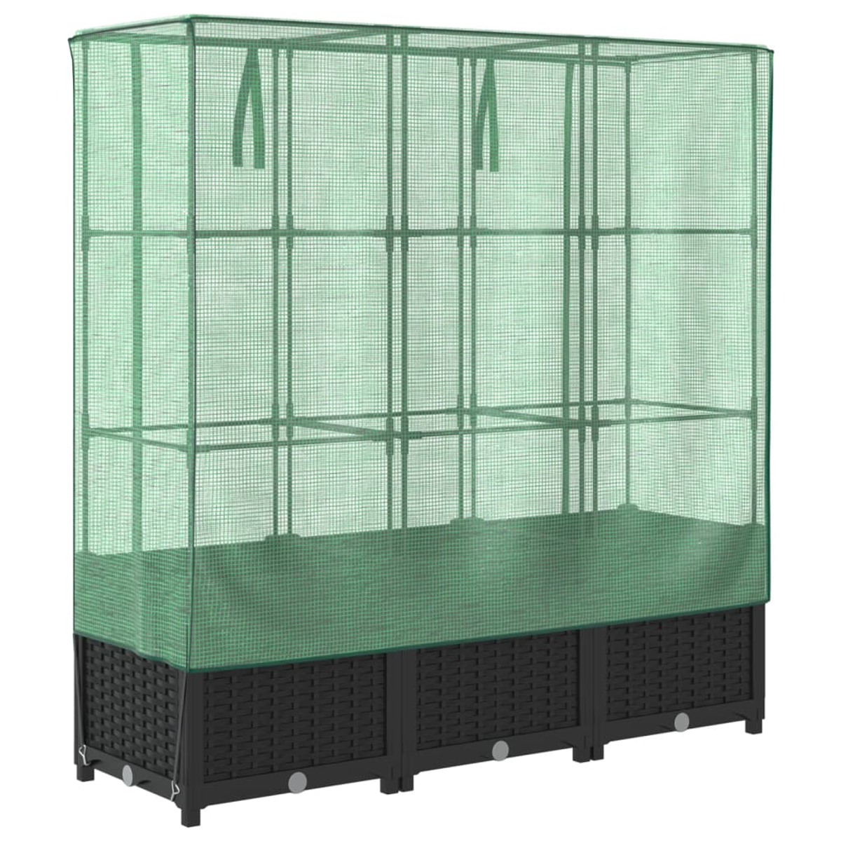 Una serra verde con base nera. Ha una copertura a rete e ripiani all'interno. La base è in plastica tessuta.
