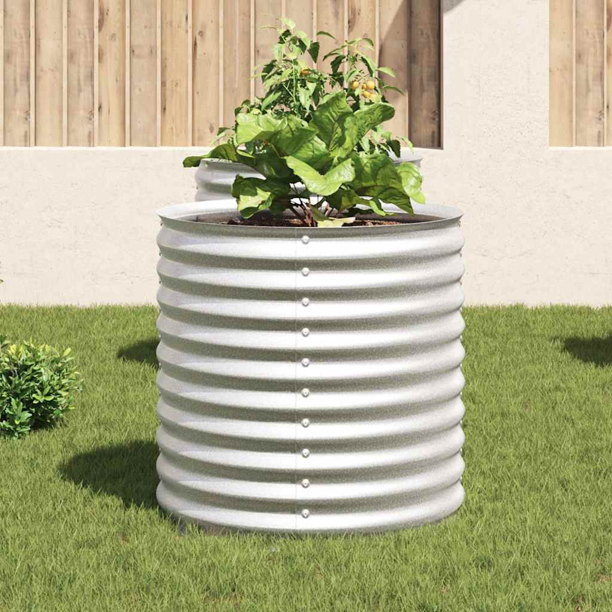 Ein Wellblechpflanzer mit grünen Pflanzen steht auf Gras. Im Hintergrund ein Holzzaun und eine Wand.