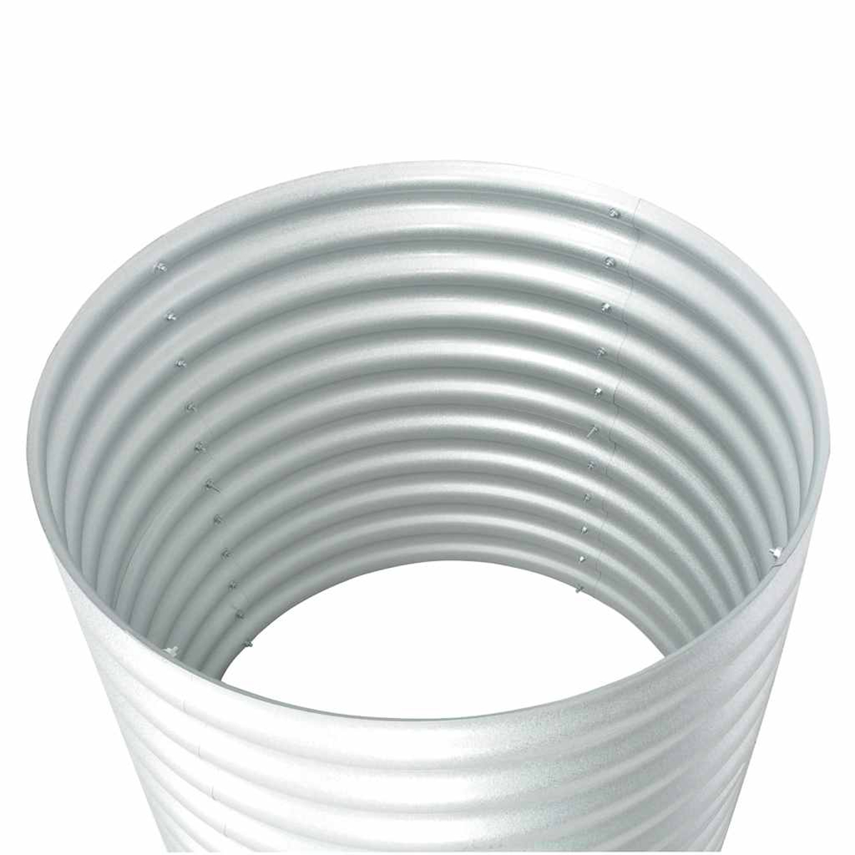 Eine metallische, zylindrische Struktur mit gewellten Seiten. Es hat eine breite, offene Oberseite und ist vor einem weißen Hintergrund platziert.