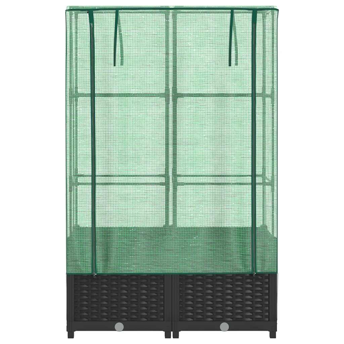 Una serra verde con base nera. Ha una copertura a rete e un interno strutturato. Due porte sono alla base con maniglie.