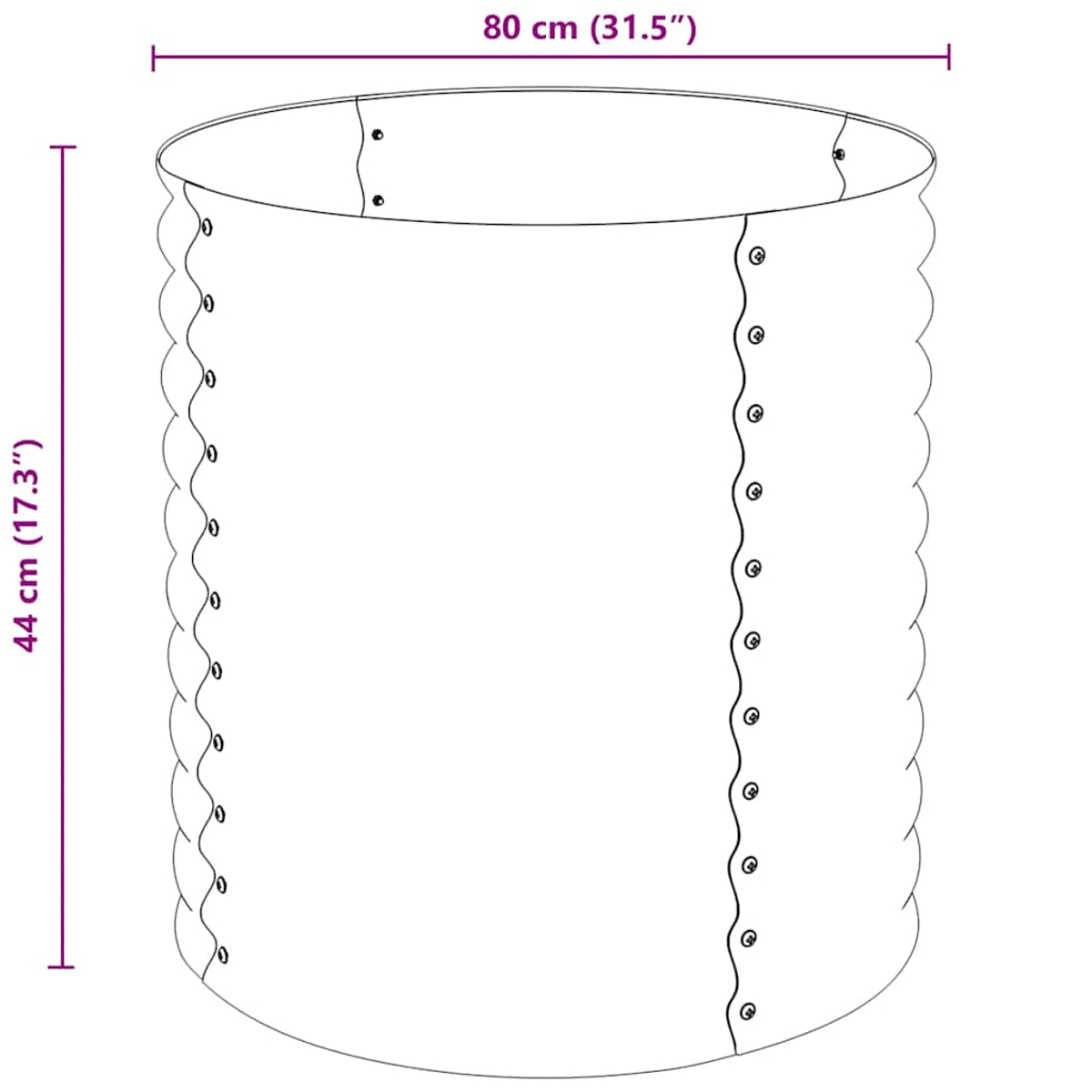 Illustration eines weißen zylindrischen Objekts mit gewellten Kanten und beschrifteten Abmessungen. Es hat Metalldetails und einen schlichten Hintergrund.