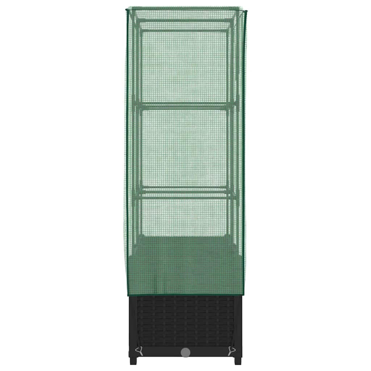 Viene mostrata una serra verde con base nera. Ha una forma rettangolare e una copertura a rete. È vuota all'interno e sta da sola.
