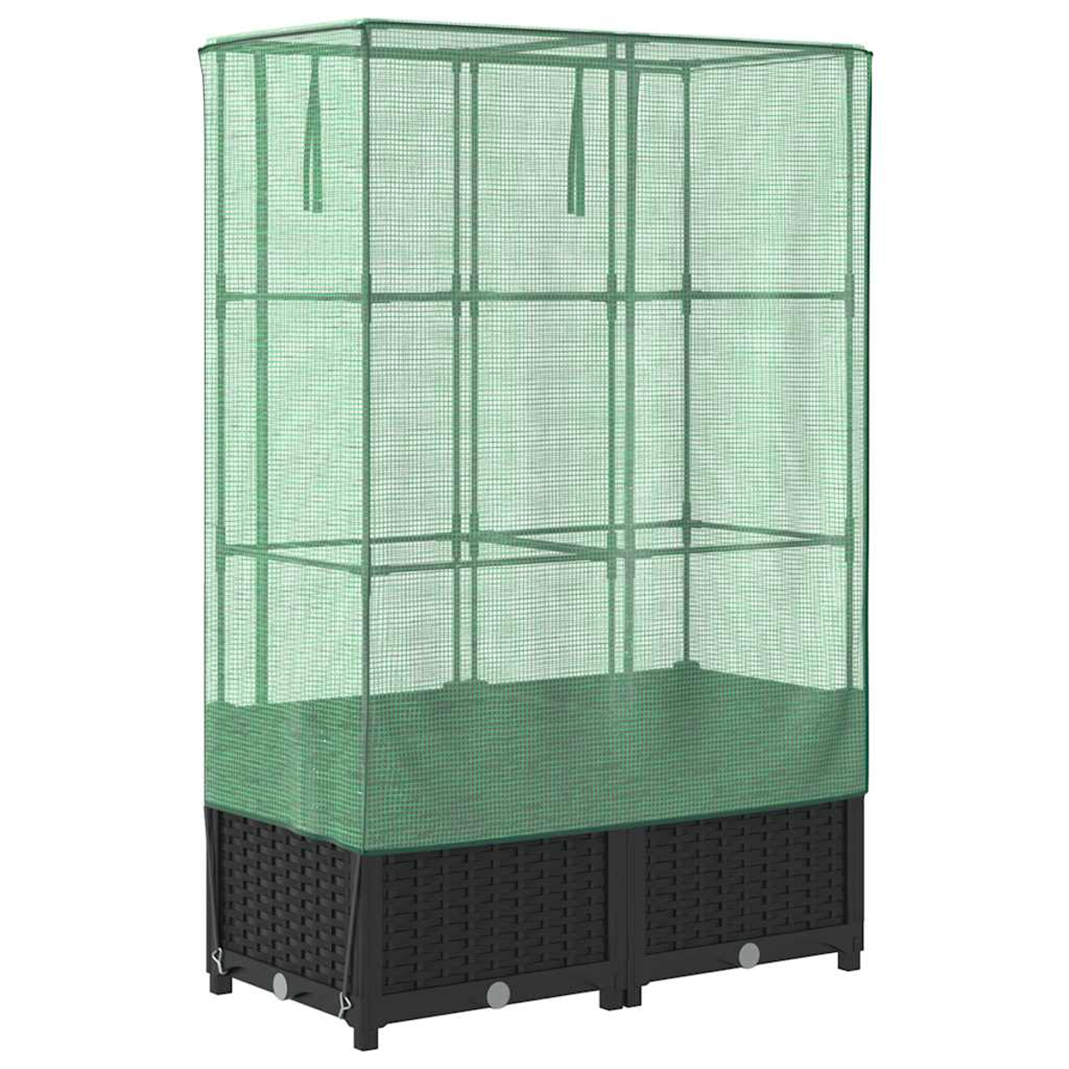 Una serra verde con base nera. La struttura ha una copertura a rete ed è progettata per il giardinaggio.