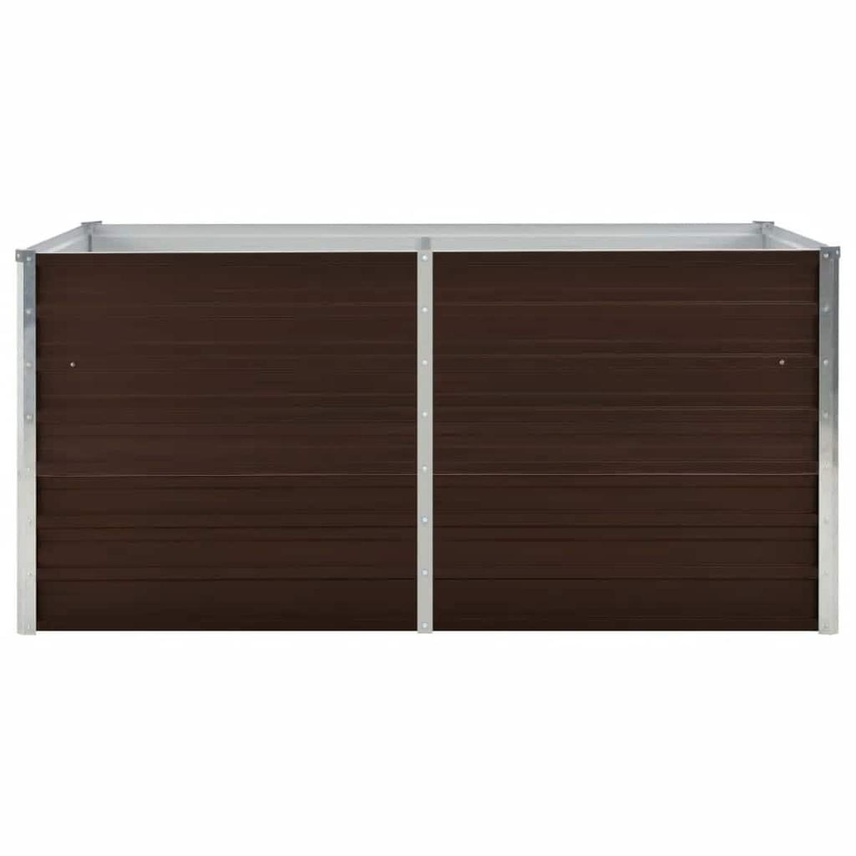 Ein rechteckiges, braunes Metall-Hochbeet mit silberner Verkleidung. Das Beet hat horizontale Linien und ist leer.