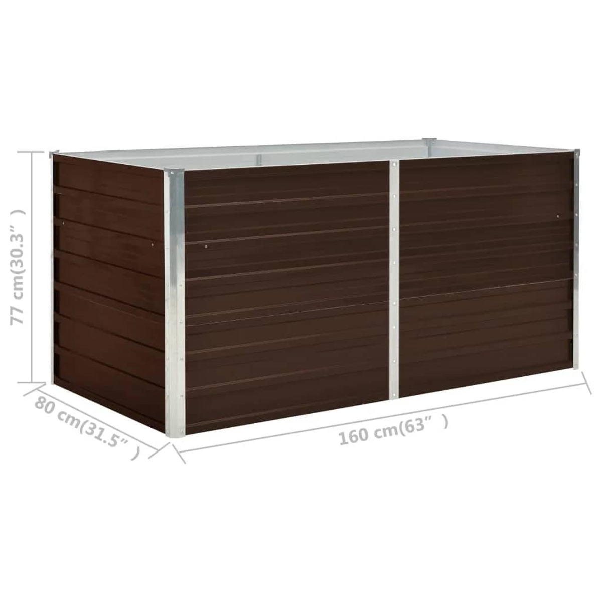 Eine rechteckige braune Metall-Pflanzkasten. Abmessungen sind beschriftet: 160 cm (63"), 80 cm (31,5"), und 77 cm (30,3").
