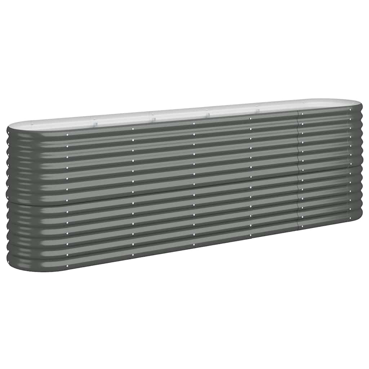 Ein langes, rechteckiges, graues, erhöhtes Beet aus Metall. Es hat ein wellenförmiges Design und einen weißen oberen Rand.