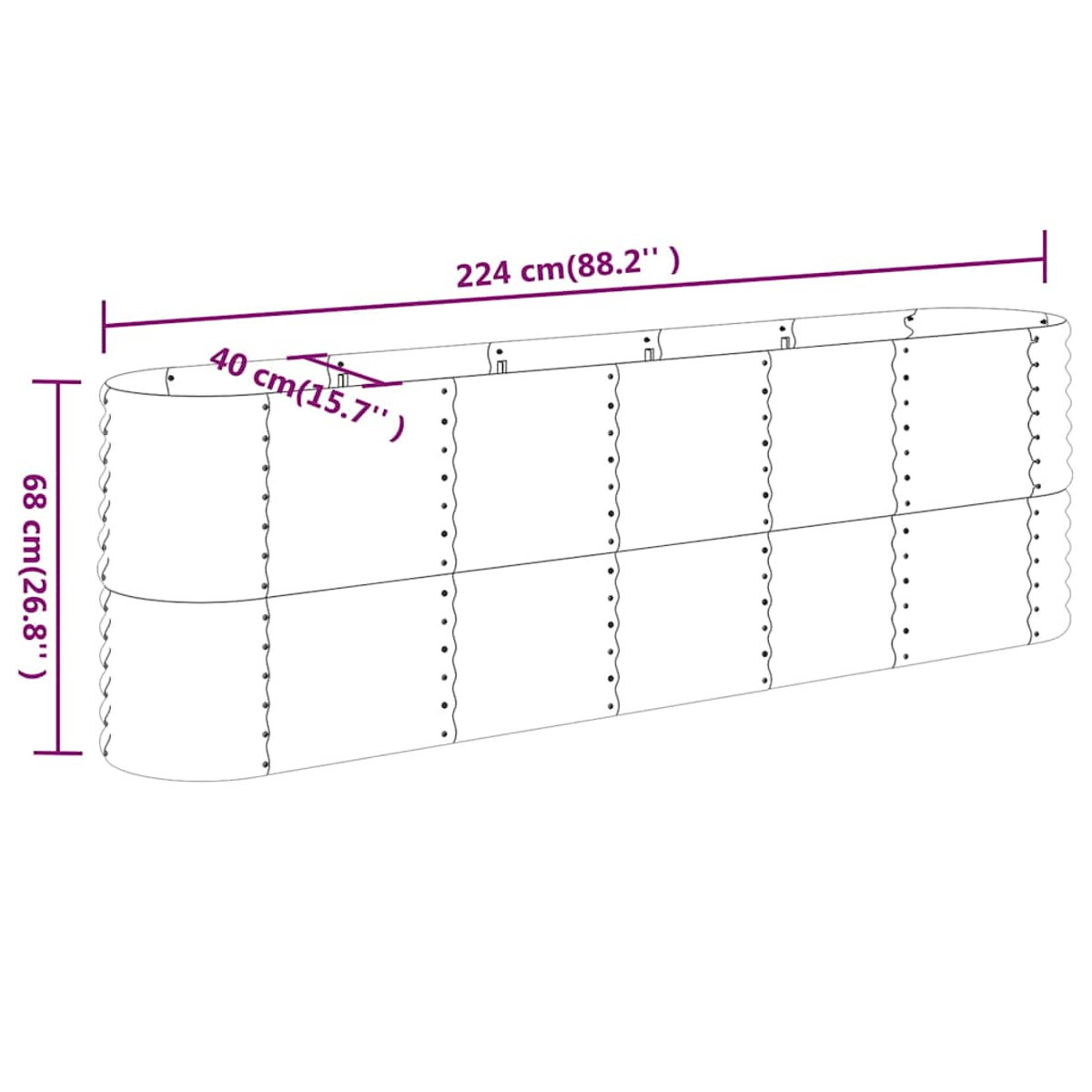 Ein Diagramm zeigt die Abmessungen eines langen, gebogenen Metall-Gartenbeets: 224 cm lang, 68 cm hoch und 40 cm breit. Nieten sind sichtbar.