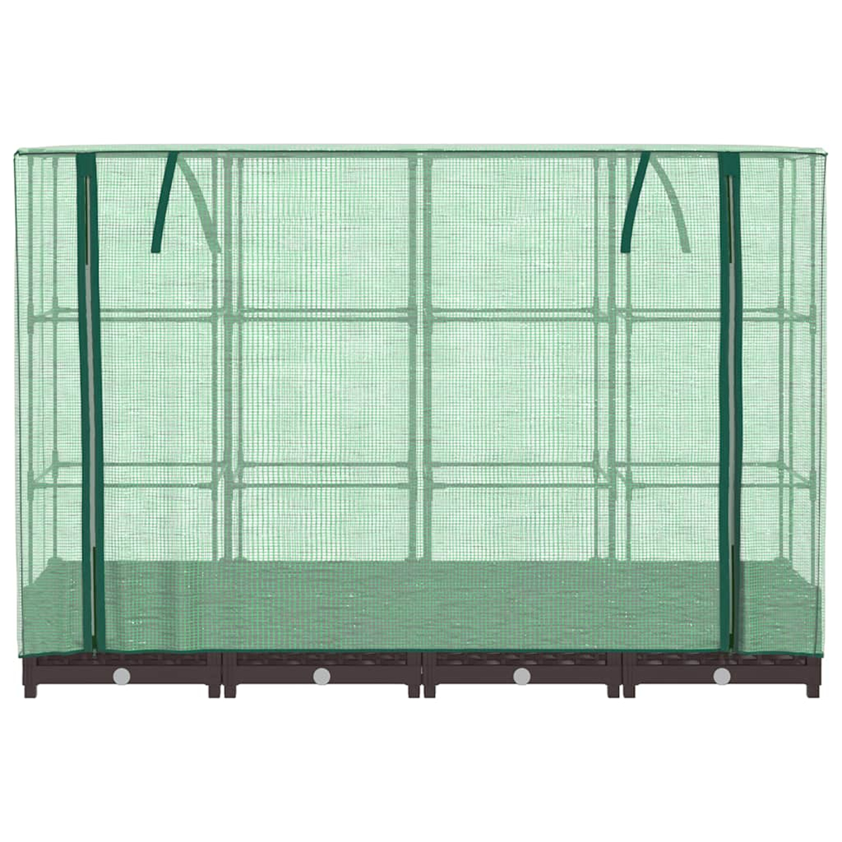 Una serra verde con una copertura a rete. Base marrone con punti bianchi. Struttura in metallo verde visibile attraverso la rete.