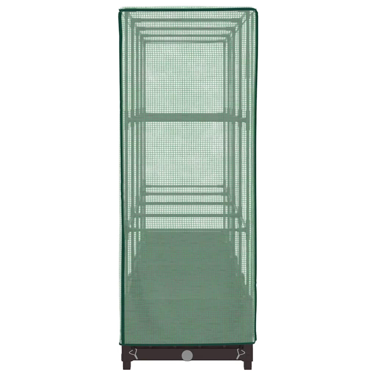 Una serra verde per piante con base marrone scuro. Il telaio è visibile attraverso la copertura a rete verde. È rettangolare e alta.