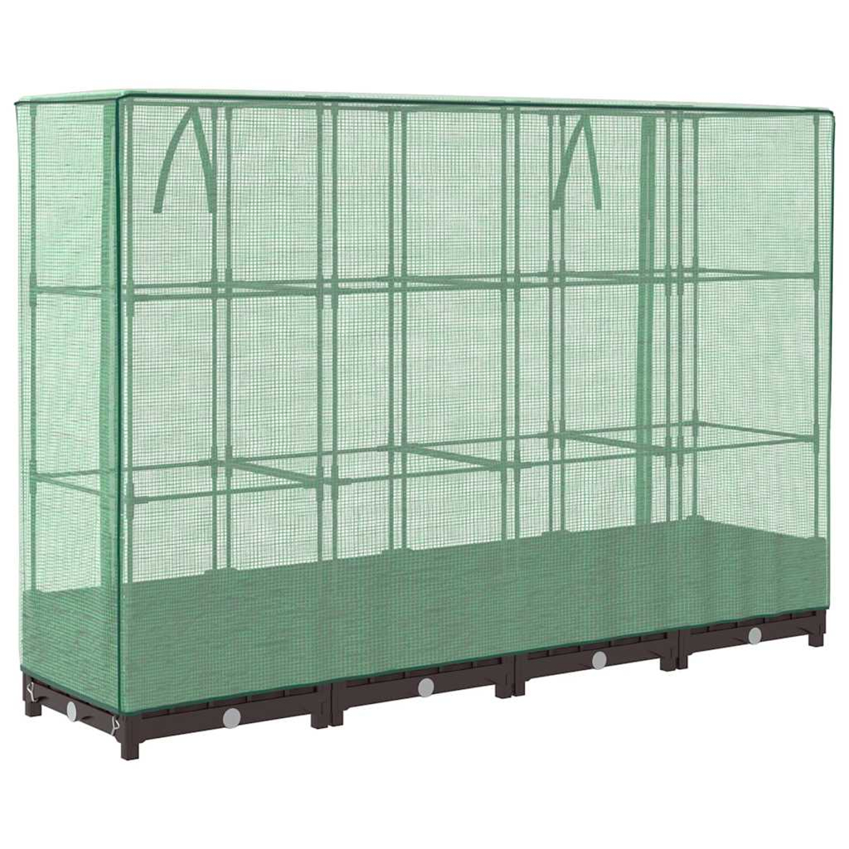 Una serra verde con copertura a rete. Ha una forma rettangolare e una base marrone scuro. All'interno ci sono scaffali.
