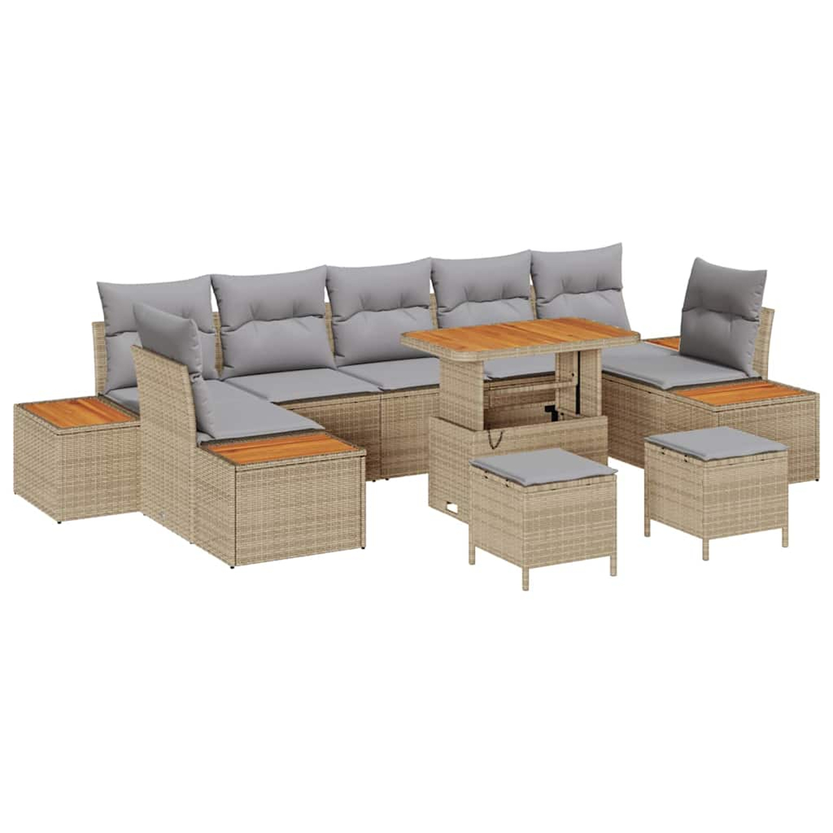 Un set di mobili da esterno in rattan con tavolo, sedie e pouf. I cuscini sono grigi e i piani dei tavoli color legno.
